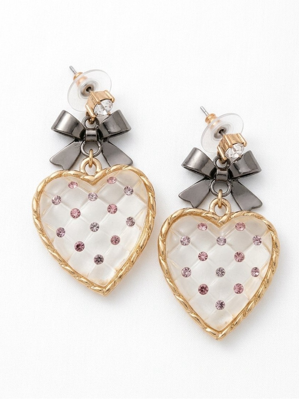Betsey Johnson Vintage Quilted Lucite Heart Bow Drop Earrings